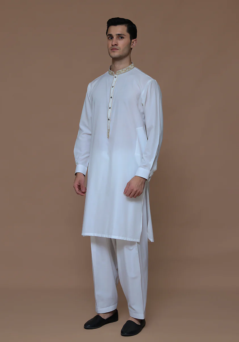 Cotton Silk Cloud Dancer Slim Fit Embroidered Suit - Image 3