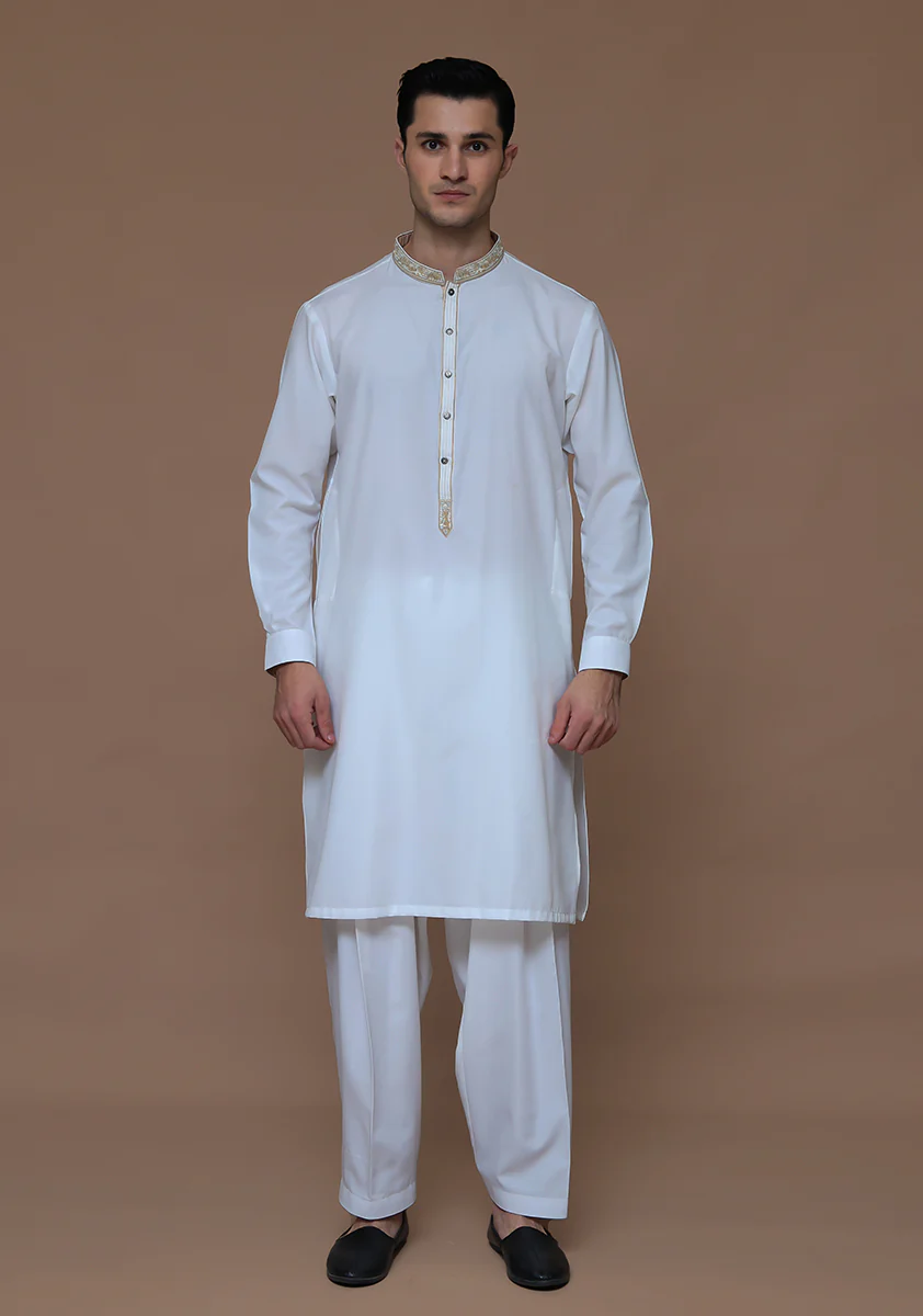 Cotton Silk Cloud Dancer Slim Fit Embroidered Suit - Image 5