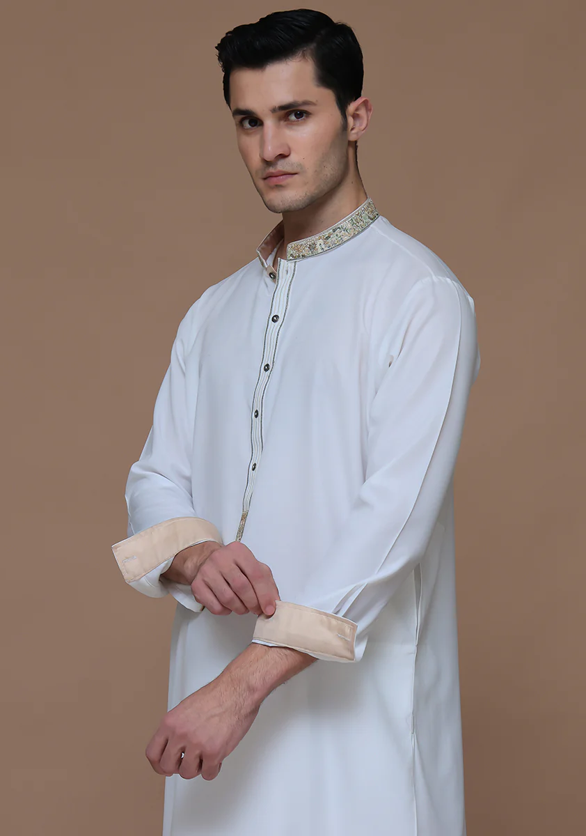 Cotton Silk Cloud Dancer Classic Fit Embroidered Suit - Image 4