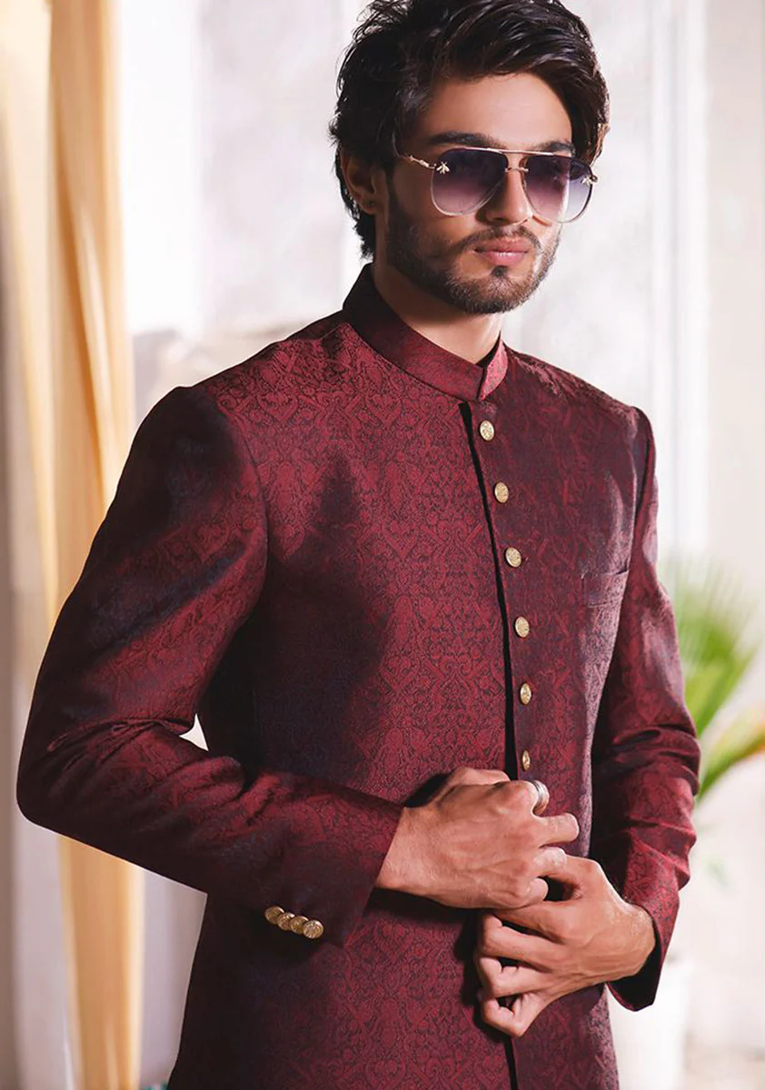 Winetasting  Jamawar Traditional plain Sherwani - Image 3