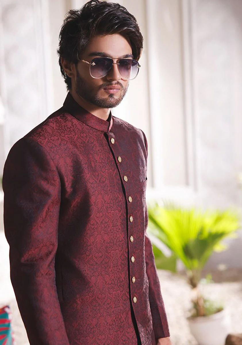 Winetasting  Jamawar Traditional plain Sherwani - Image 4