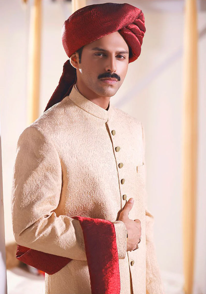 Premium Satin Beige  Embroidered Sherwani - Image 3