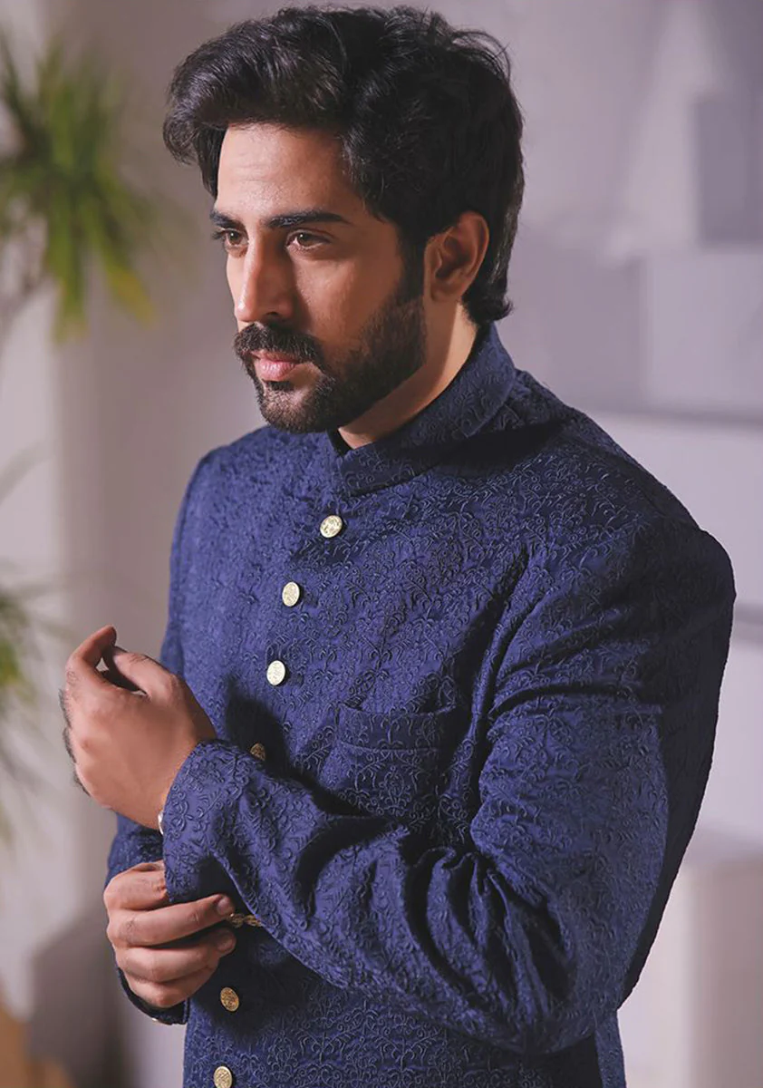 Premium Satin Navy Blazer Embroidered Sherwani - Image 3