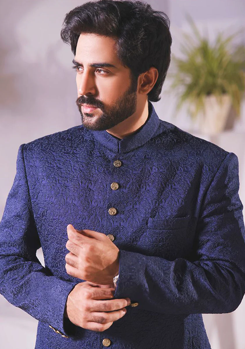 Premium Satin Navy Blazer Embroidered Sherwani - Image 4