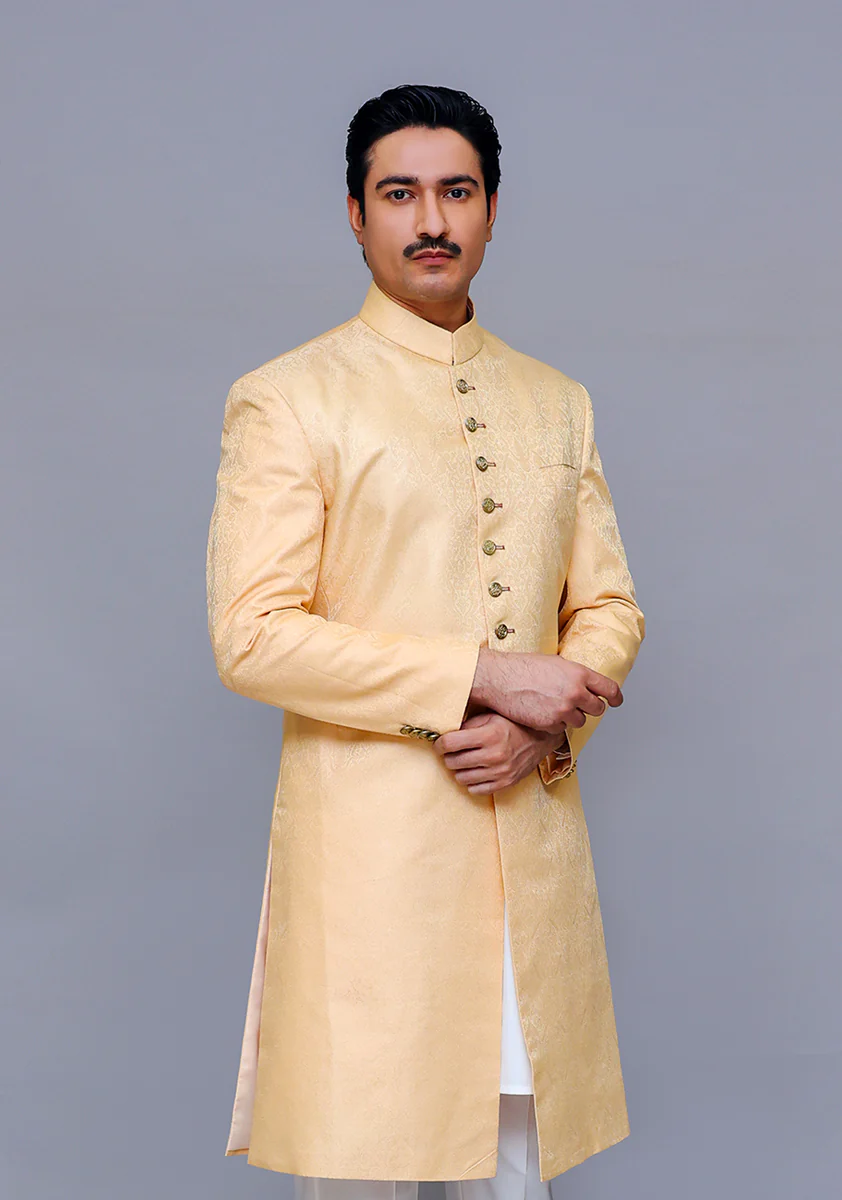 Premium Kambal Jamawar Almond buff Traditional Sherwani - Image 3