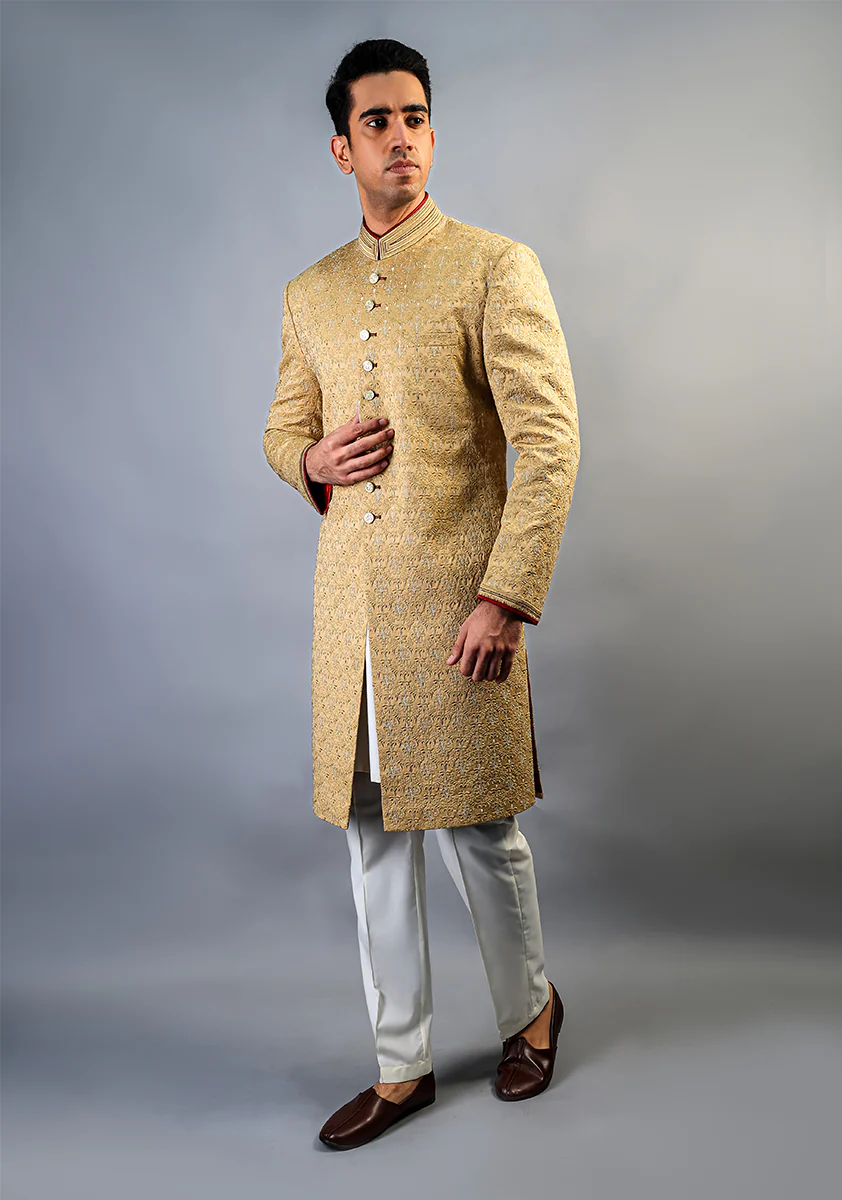Premium Satin New Wheat Embroidered Sherwani - Image 4